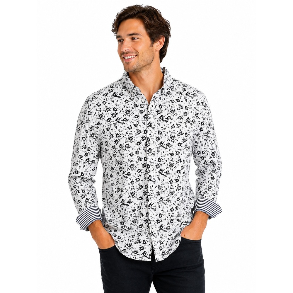 Cactus Man Ricky Singh Mens Medium White Black Floral Cotton Button Down Shirt
